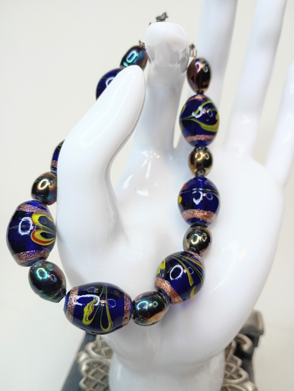 Handcrafted Blue Glass Bead Bracelet with Yellow Accents